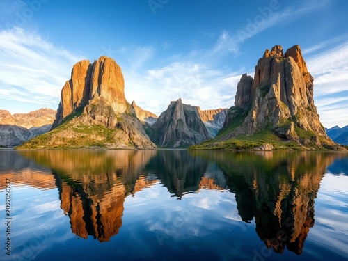 Towering rock formations reflect off serene lake surface, natural, serenity