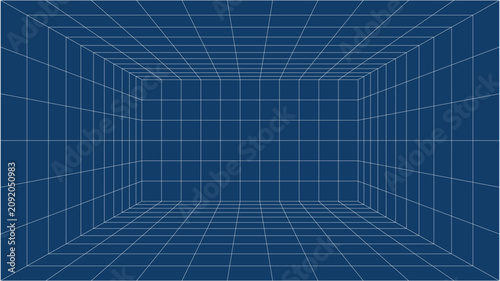 Perspective Grid Empty Room Background Design. Abstract Blue Wireframe Room 3D Perspective Grid Background.