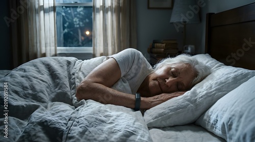 Elderly Woman Sleeping Peacefully in Bed at Nighttime Indoor Bedroom Lifestyle Scene