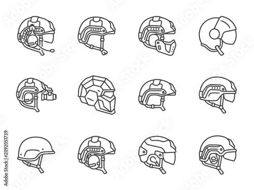 Modern tactical and military helmet outline icon collection with combat, ballistic protection and defense gear symbols