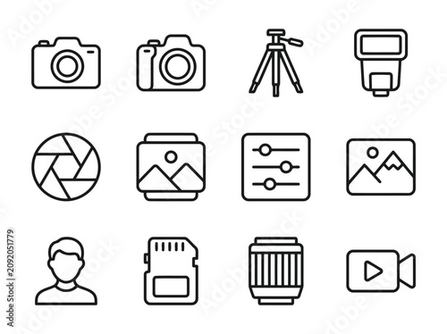 Modern photography and camera outline icon collection with DSLR, lens, photo editing and video recording symbols