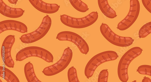 Delicious grilled sausages seamless pattern on an orange background perfect for fast food and barbecue designs.