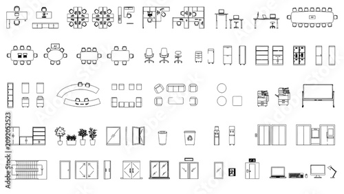Office Floor Plan Symbols Top View CAD Architectural Furniture Vector Icon Sheet for Commercial Workspace Layout