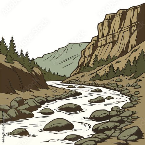 A rushing river flows through a rocky canyon with steep cliff faces, scattered boulders, and a dense forest of evergreen pine trees nearby