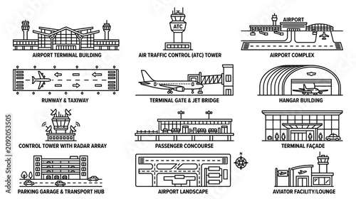 Cuadro en lienzo Airport Icons: Terminal, Runway, Control Tower, Hangar, Jet Bridge, ATC