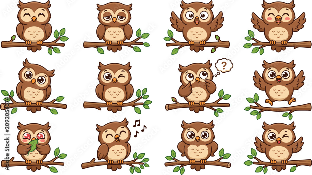 Fototapeta premium Cute Cartoon Owl Character Sheet with Multiple Expressions and Poses Sitting on Tree Branches Singing Winking and Thinking Vector Illustration Clipart