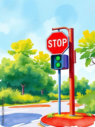 Watercolor Traffic Sign with Cute Car Offroad Road Stop Light Clipart, graphic, outdoors