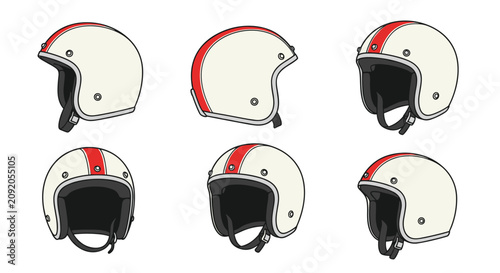 Classic open face motorcycle helmet shown from six different angles in clean line art vector illustration.