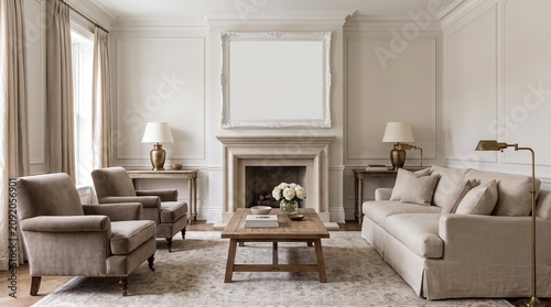 Elegant living room interior with fireplace and comfortable seating.