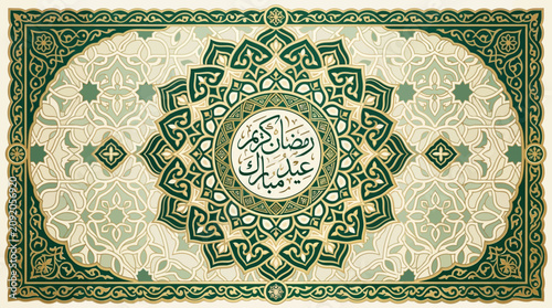 Green and gold intricate Islamic art pattern on a beige background with Arabic calligraphy