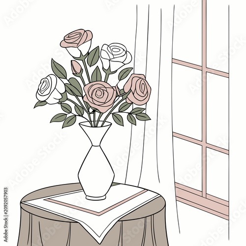 Fotografie White roses in a vase on a table by the window with stress free arrangement inte