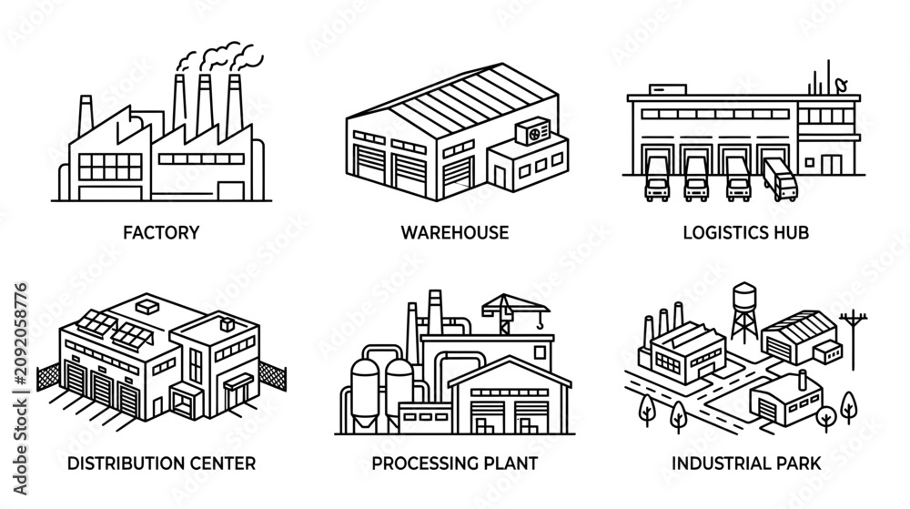Obraz premium Industrial Buildings: Factory, Warehouse, Logistics Hub, Distribution Center, Processing Plant, Industrial Park
