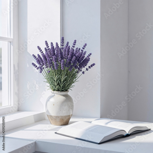 Fine art inspired minimalist interior, elegant white window with beautiful natural morning light, ceramic vase holding blooming lavender stems, open book, soft blue shadows, modern architecture, luxur