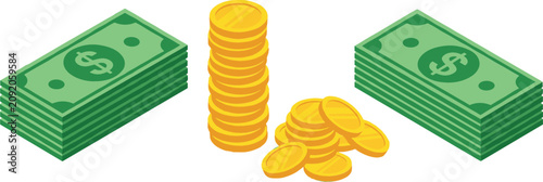 Isometric Money Vector Set Featuring Stacks of Green Dollar Banknotes and Golden Coins for Finance Banking Wealth and Investment Graphic Designs