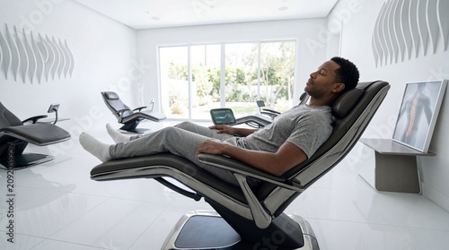 African american man relaxing in automated zero gravity massage chair in modern wellness center. Recovery session in spa clinic. Medical technology for physical therapy and body health.