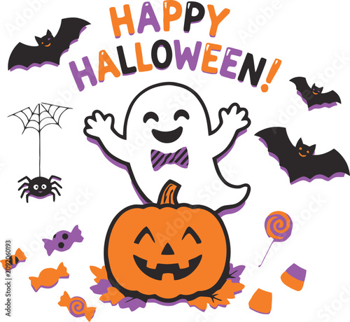 Happy Halloween cartoon ghost on pumpkin with candy