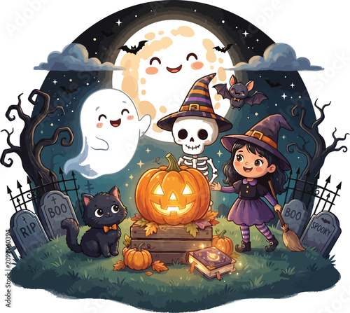 Halloween scene with witch, ghost, skeleton and black cat