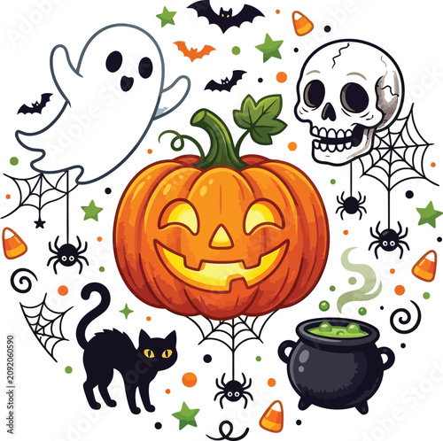 Halloween icons with pumpkin, ghost, skull, and cat