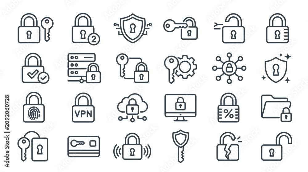 Fototapeta premium Cyber Security Icons: Padlocks, Keys, Shield, VPN, Fingerprint, Cloud, Computer