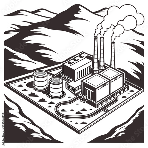 Schilderij op canvas Industrial plant with storage tanks and smoking chimneys situated in a mountaino