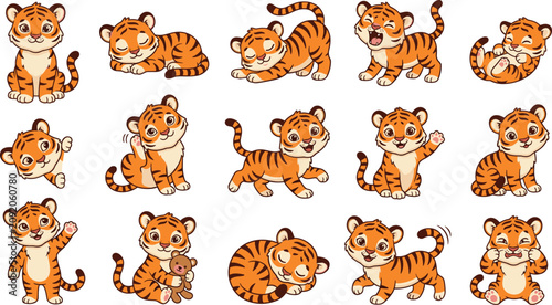 Canvas Print Sweet Cartoon Baby Tiger Character Sheet with Multiple Cute Poses holding Teddy