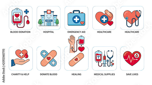 Konstfotografi Medical Icons Set: Blood Donation, Hospital, Healthcare, Emergency Aid, Charity