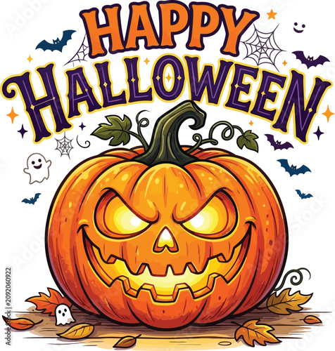 Carved Halloween pumpkin with Happy Halloween text