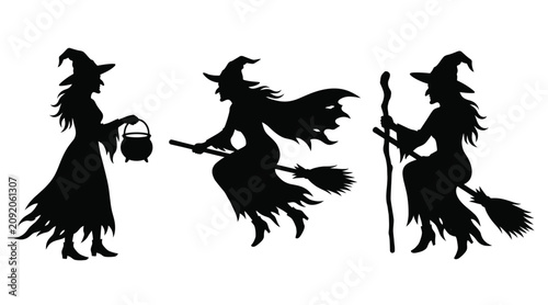 Obraz na płótnie Set of three witch silhouettes, including a witch with a cauldron, a flying witc