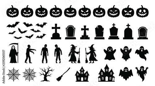 Tableau sur toile Halloween silhouette collection featuring pumpkins, bats, tombstones, ghosts, wi