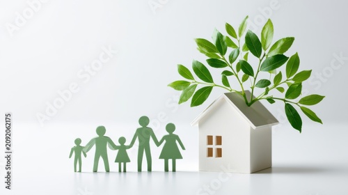 A symbolic representation of a sustainable future, with a paper cutout family standing beside a miniature house from which a vibrant green plant grows.