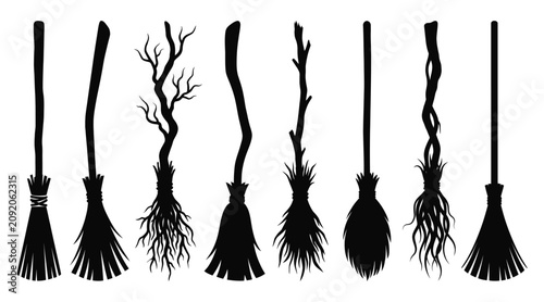 Konstfotografi Set of witch brooms silhouettes, magical broomsticks for halloween, vector illus