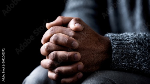 A man's hands clasped together in prayer or deep thought, with a dark, dramatic background. The gesture conveys contemplation and introspection