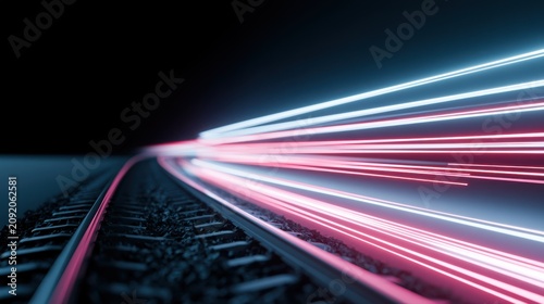 Futuristic abstract image of train tracks with streaks of light, representing speed and technology