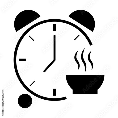 Canvastavla Hot soup alarm clock black vector icon features steaming bowl