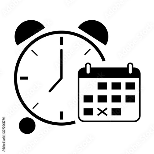 Calendar date alarm clock black vector icon features paper grid. The business schedule metaphor complements corporate planning layouts.