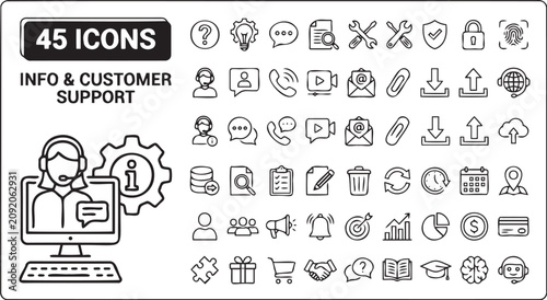Detailed collection of forty five black and white vector graphic icons representing customer support communication and professional information technology services