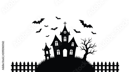 Obraz na płótnie Halloween haunted house silhouette with bats and fence