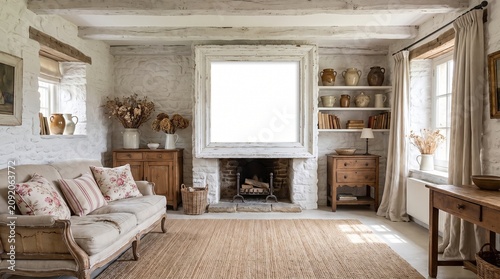 Cozy rustic living room with fireplace and comfortable sofa.