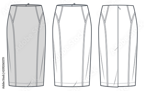 Women Pencil Midi Skirt Fashion Flat Technical Drawing Template, Silver Grey, Front and Back View with Outline, Skirt CAD Mockup