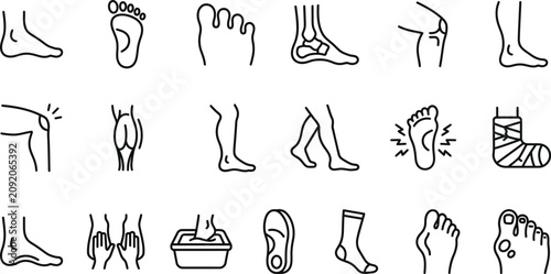 Tableau sur toile Foot and leg line icons depicting anatomy injury and care on a white background