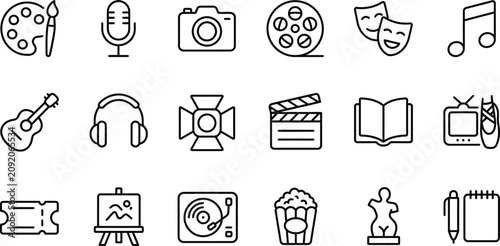 Collection Of Artistic And Entertainment Flat Icons On A White Background arts artist palette microphone