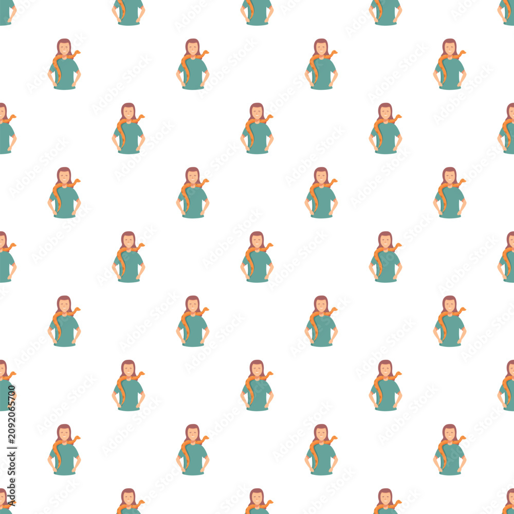 Fototapeta premium Caucasian woman with a snake draped around her neck in a repeating flat illustration