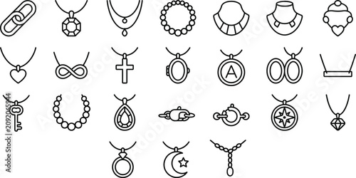 Schilderij op canvas Collection Of Jewelry Icons Featuring Necklaces Bracelets And Earrings On A Whit