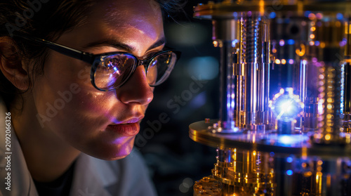 Scientist portrait glowing light laboratory woman glasses technology close up with fascinated gaze near illuminated experimental apparatus in dark research lab