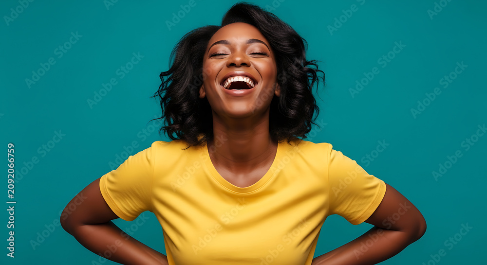 Fototapeta premium Cheerful Black woman laughing joyfully against bright teal background