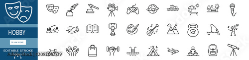 Konstfotografi Entertainment and lifestyle line icons set featuring digital game gamepad, acoustic music guitar, mountain nature peaks, outdoor camping tent & more vector illustration with editable stroke