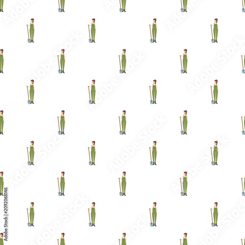 Fotografía Woman gardener holding shovel cartoon seamless pattern