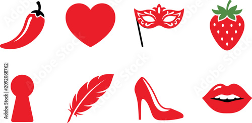 Bild auf Leinwand Red Icon Set with Chili, Heart, Mask, Strawberry, Keyhole, Feather, High Heel, a