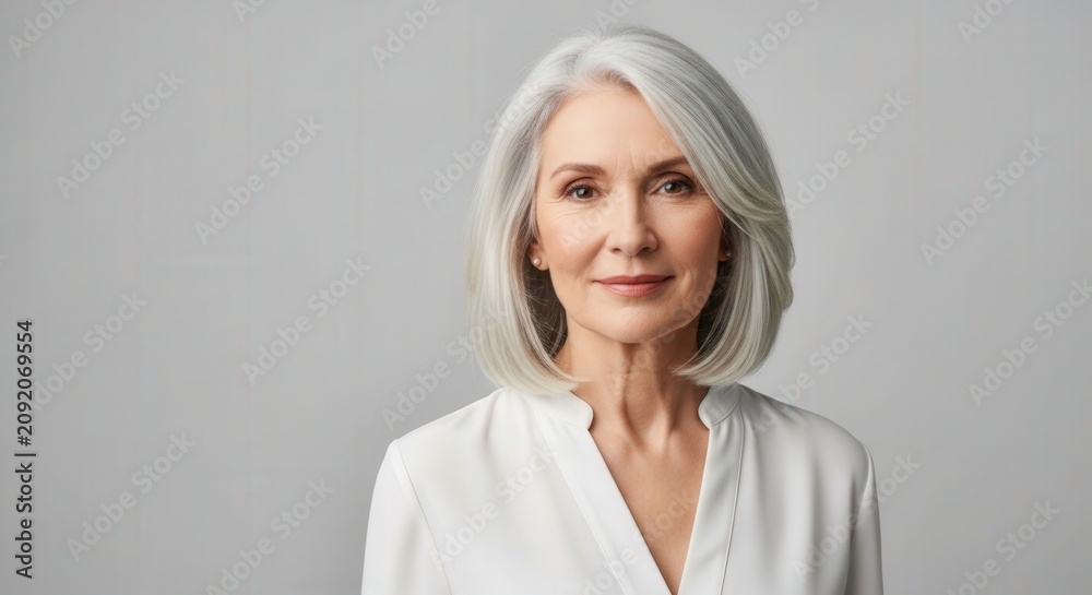 Fototapeta premium Portrait of an elegant mature woman with silver hair smiling gently, showcasing healthy aging and radiant skin against a neutral gray studio background.