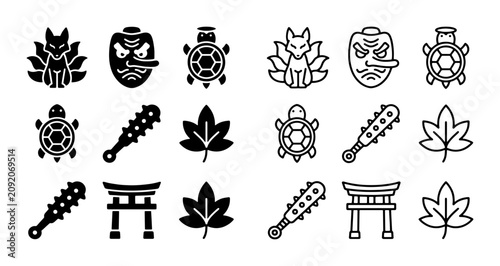 Foto Japanese folklore icons set, traditional oriental mythology symbols in solid and